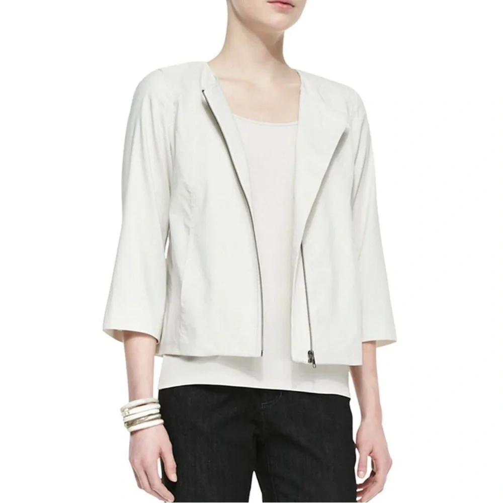 Eileen Fisher Polished Ramie A-Line Jacket Zipper Women light tan cream - Picture 1 of 8